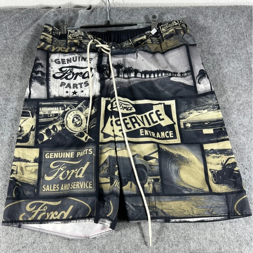 Ford Motor Board Shorts Men L Black Graphic AOP Swim Trunk Official Licensed Y2K